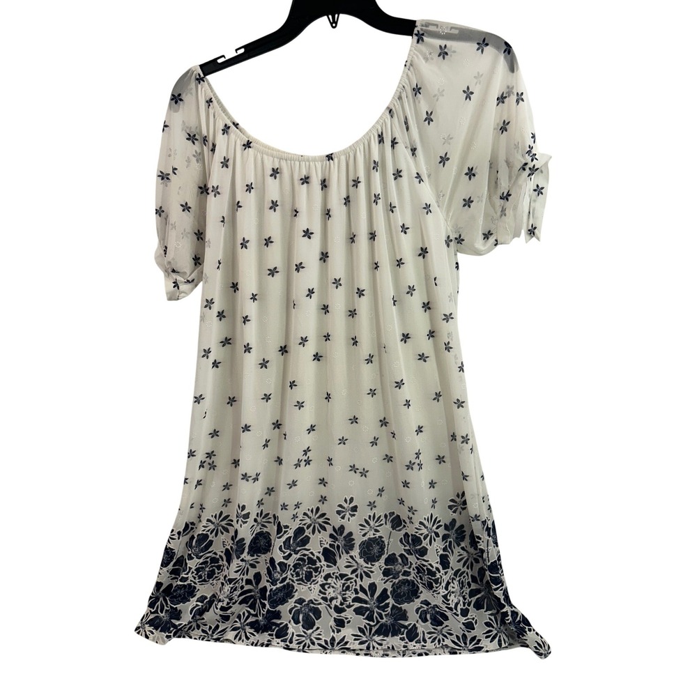 Sirenlily Floral Tunic Top 2X White Navy Off Shoulder Short Sleeve Women